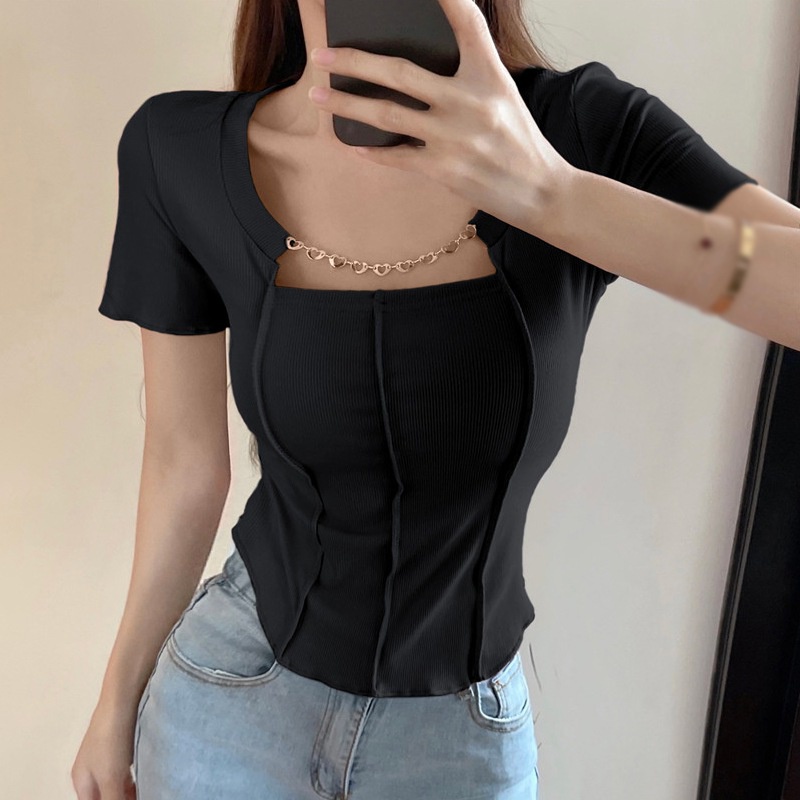 Áo Thun Tay Ngắn Cổ Vuông Màu Sắc Đơn Giản Dành Cho Nữ