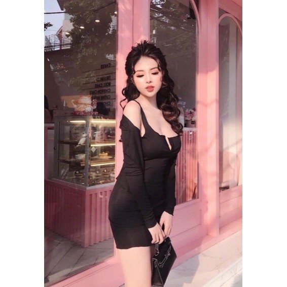 Set đồ nữ gồm váy ôm body hai dây cuốn biên kèm áo khoác dài tay hai màu y hình chất thun gân dày dặn