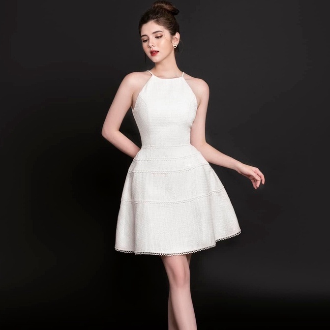 Đầm tweed đi dự tiệc cưới thiết kế hai dây, dáng xòe xinh xắn - Olus