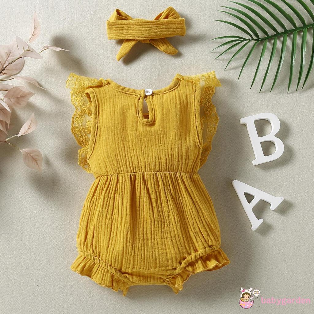 Bộ Áo Liền Quần Cổ Tròn Không Tay Phối Ren Dễ Thương Cho Bé 0-24 Tháng Tuổi