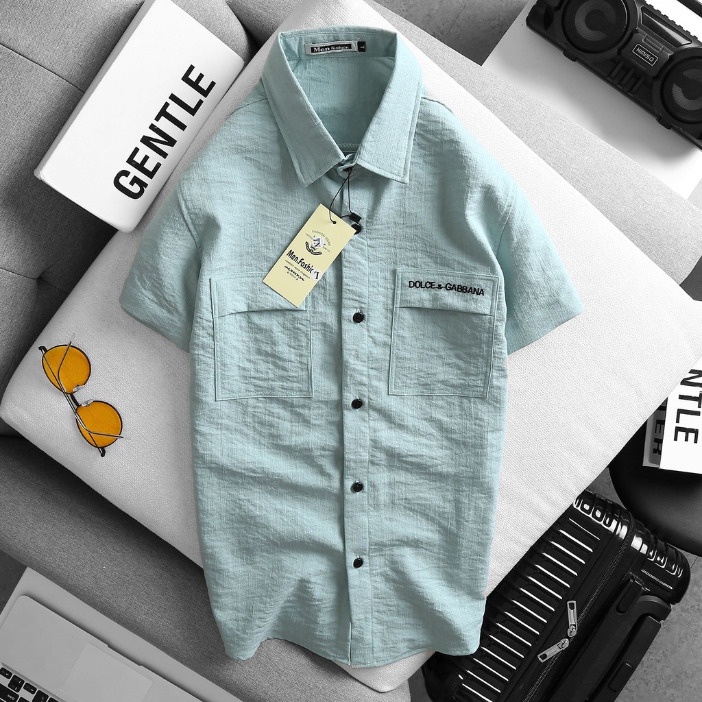 Áo sơ mi nam chất đũi thêu DC cổ bẻ cộc tay thoáng mát phong cách trẻ trung | BigBuy360 - bigbuy360.vn