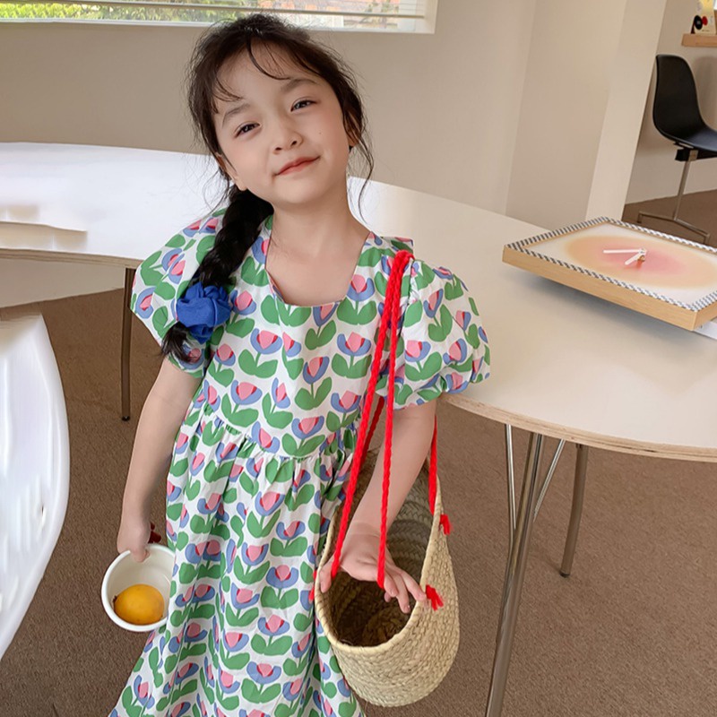 Đầm Tay Phồng Cổ Vuông Thắt Nơ In Họa Tiết Hoa Tulip Phong Cách Hàn Quốc Thời Trang Mùa Hè Cho Nữ
