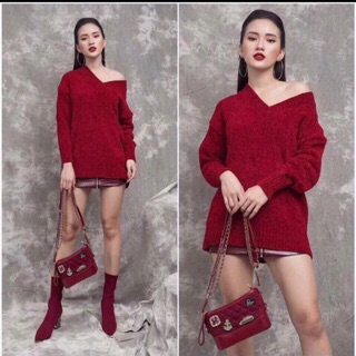 Áo len nhung cổ tim