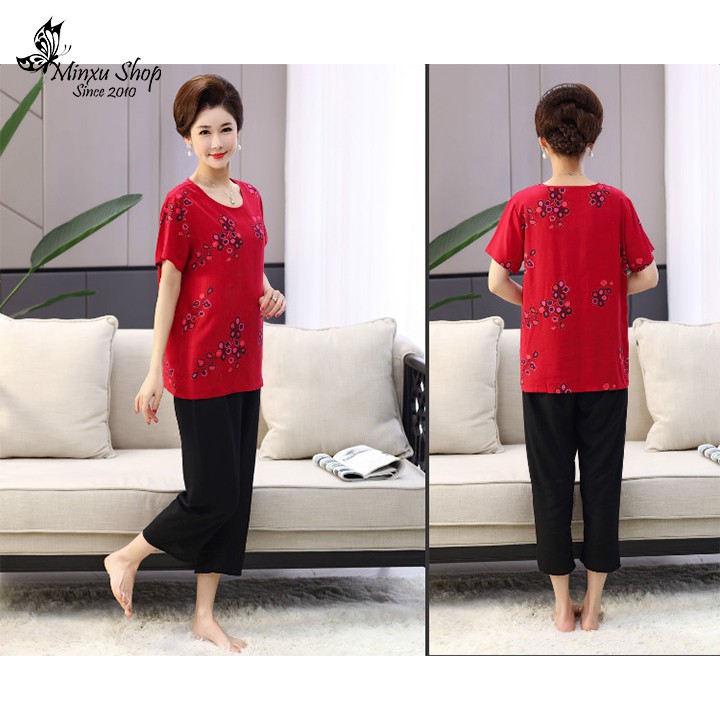 Bộ mặc nhà trung niên Minxu Shop cách tân vải cotton lụa, đồ ngủ quần lửng sang trong lịch sự cho bà cho mẹ