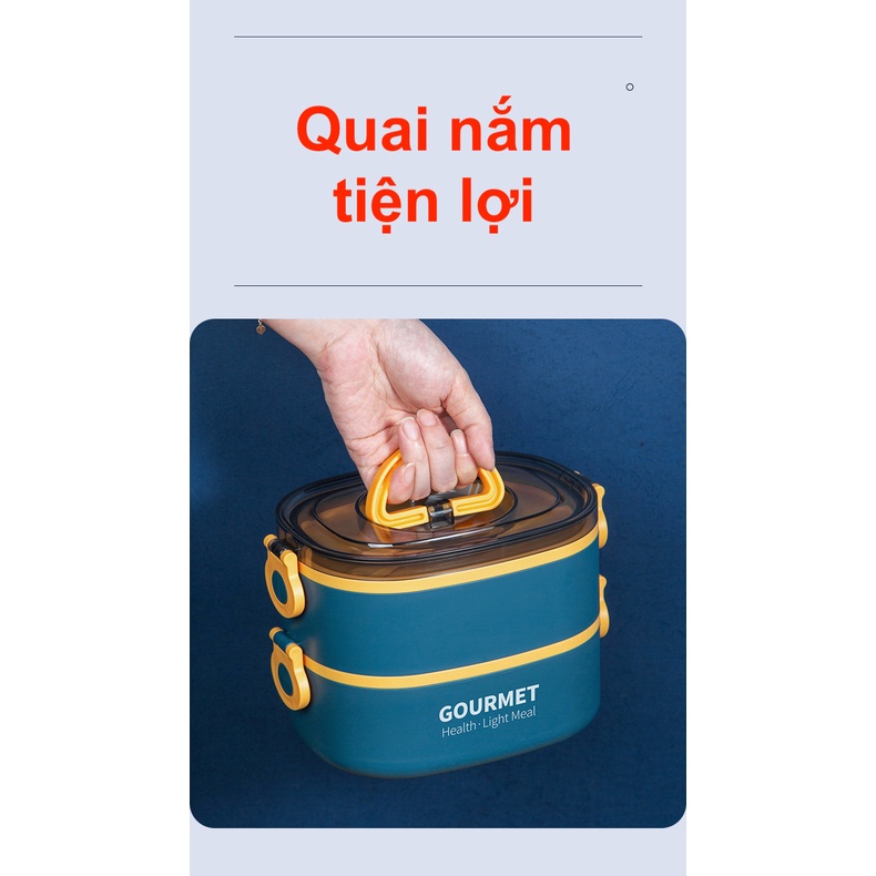 Hộp Đựng Cơm 2 Tầng 2 ngăn Lúa Mạch Tặng Kèm Bộ Thìa Nĩa