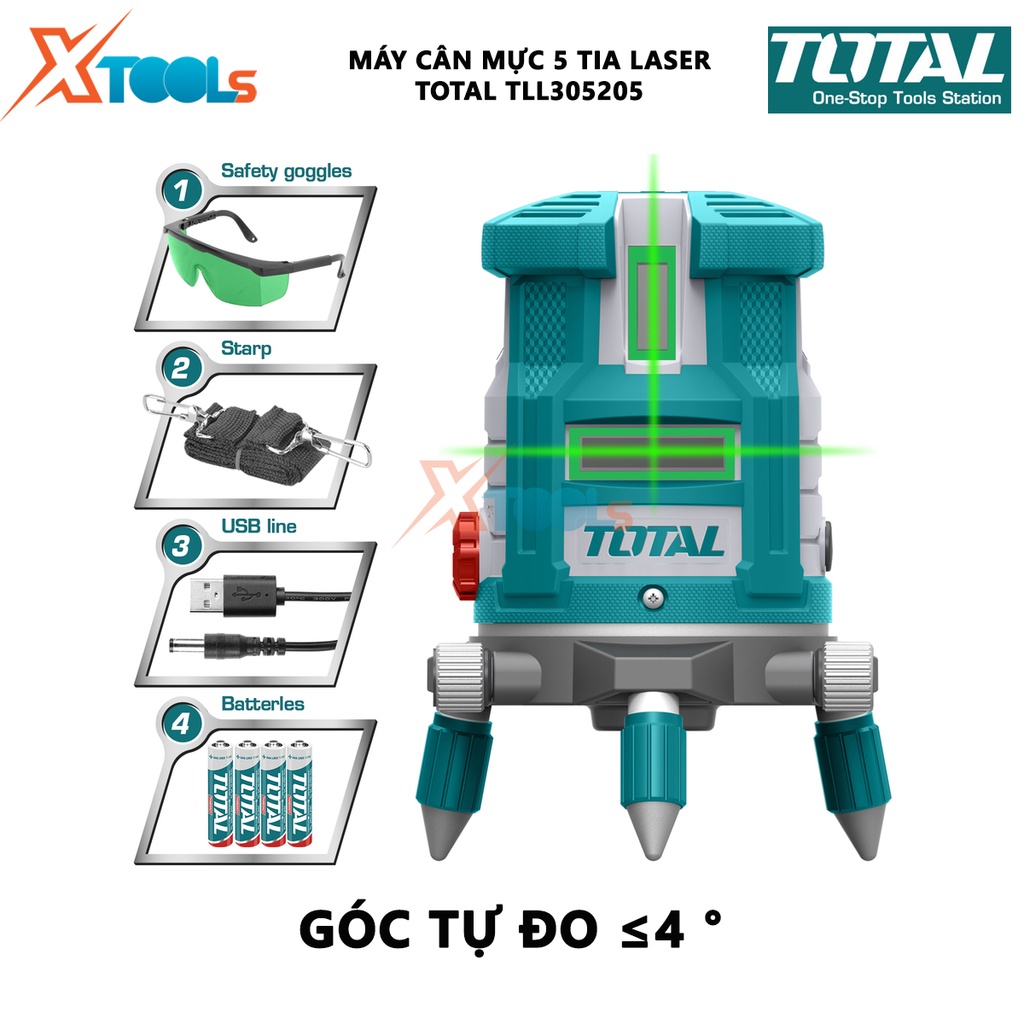 Máy cân mực 5 tia laser màu xanh TOTAL TLL305205 | Máy đo mức cân bằng 5 tia laser Phạm vi làm việc 0 ~ 20 m 1 tia ngang