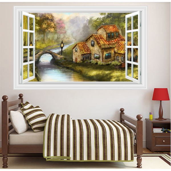 Decal trang trí ngôi nhà Cổ cạnh dòng sông yên bình