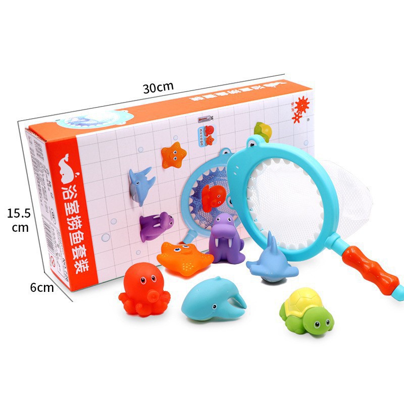 gym squishy [Đồ chơi nhà tắm trọn bộ] gồm vợt (cá mập hoặc hươu cao cổ) + 6 thú bơi dưới nước bóp phun nước vừa tay cho