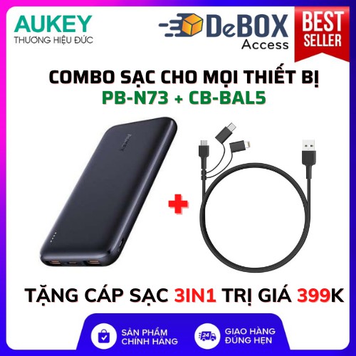 Combo AUKEY Sạc FULL Cho Mọi Thiết Bị, Sạc Dự Phòng PB-N73 Sạc nhanh Type C 15W + Cáp Sạc 3 in 1 MFi CB-BAL5 chính hãng