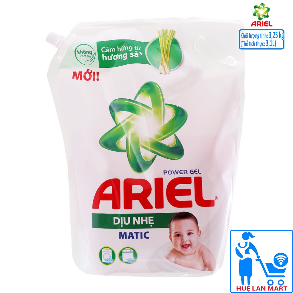 Nước Giặt Ariel Power Gel Dịu Nhẹ Matic Dạng Túi 3,25kg (Tẩy sạch vết bẩn tốt hơn gấp 2 lần)