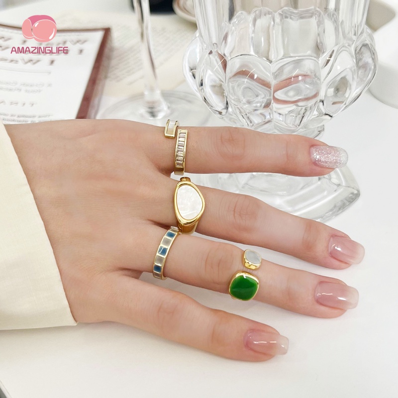 [Amazinglife] Nhẫn Hở Đính Ngọc Lục Bảo Hình Học Thanh Lịch Có Thể Điều Chỉnh Cho Nữ