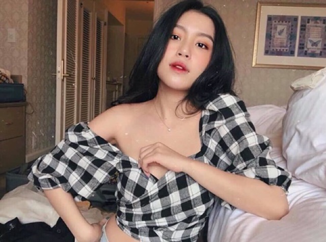 Áo caro đắp chéo cột nơ 2 màu xanh- đen