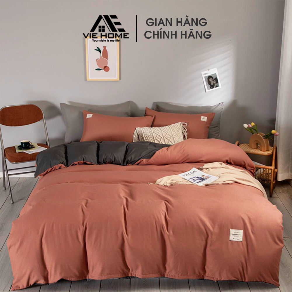 Bộ chăn ga gối Cotton Tici VIE HOME - Bedding trơn màu style Hàn dễ phối phòng ngủ vintage nhiều kích thước nệm