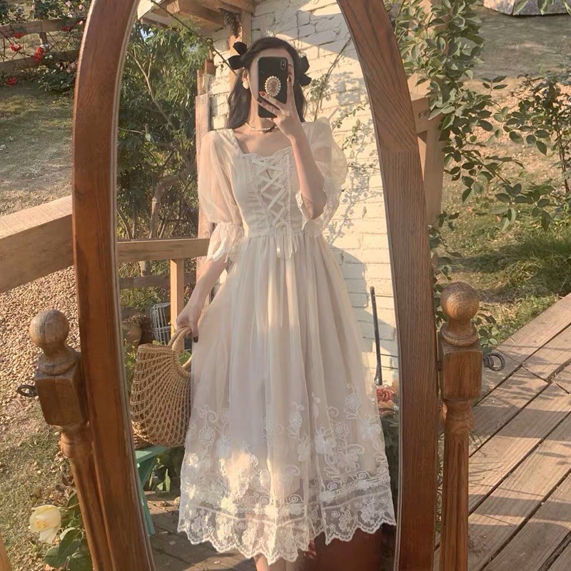 VÁY TRẮNG DÀI CÔNG CHÚA VINTAGE CỔ ĐIỂN PHÁP ULLZANG- VÁY DÀI DỰ TIỆC- VÁY LOLITA GIÁ RẺ- VÁY CHỤP KỈ YẾU PROM