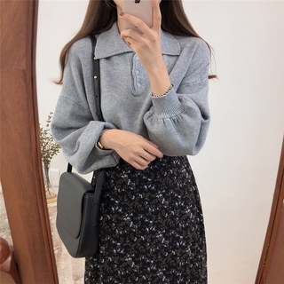 Áo Sweater Dệt Kim Tay Loe Dài Cổ Bẻ Phối Nút Thời Trang Thu Đông Cho Nữ