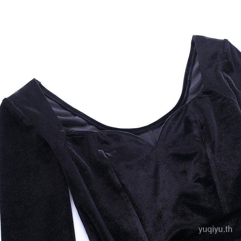 DUNEA Đầm Nhung Tay Dài Thiết Kế Cổ Chữ V Xẻ Tà wUX9
