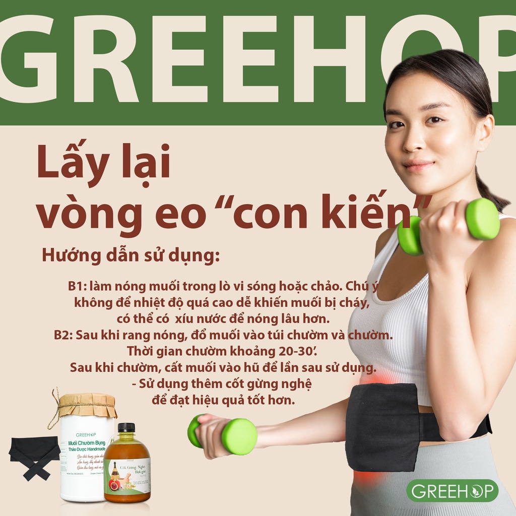 Muối chườm bụng giảm eo, giảm mỡ bụng Tặng kèm đai muối chườm GREEHOP (handmade)