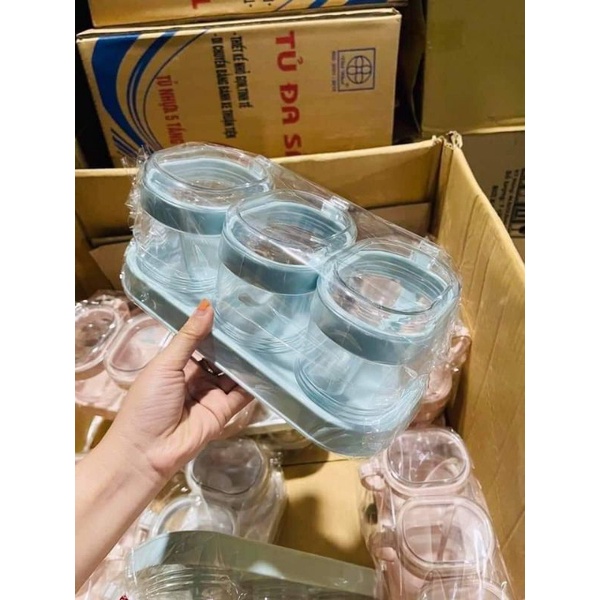 Sét 3 hũ đựng gia vị - Hũ gia vị kèm khay tiện lợi