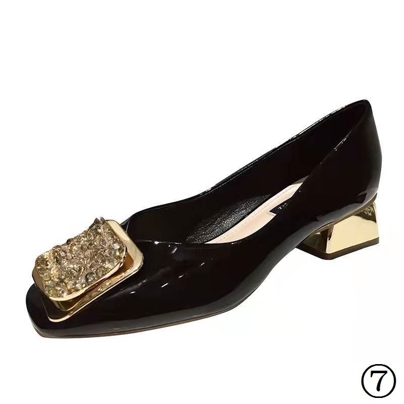 Giày Cao Gót Da Bóng Mũi Vuông Đính Đá Thời Trang Xuân Thu 2022 Cho Nữ