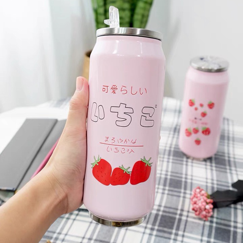 Bình Giữ Nhiệt Strawberry Phong Cách Hàn Quốc Giữ Nóng Lạnh, 2 Lớp inox 304, Không Mùi