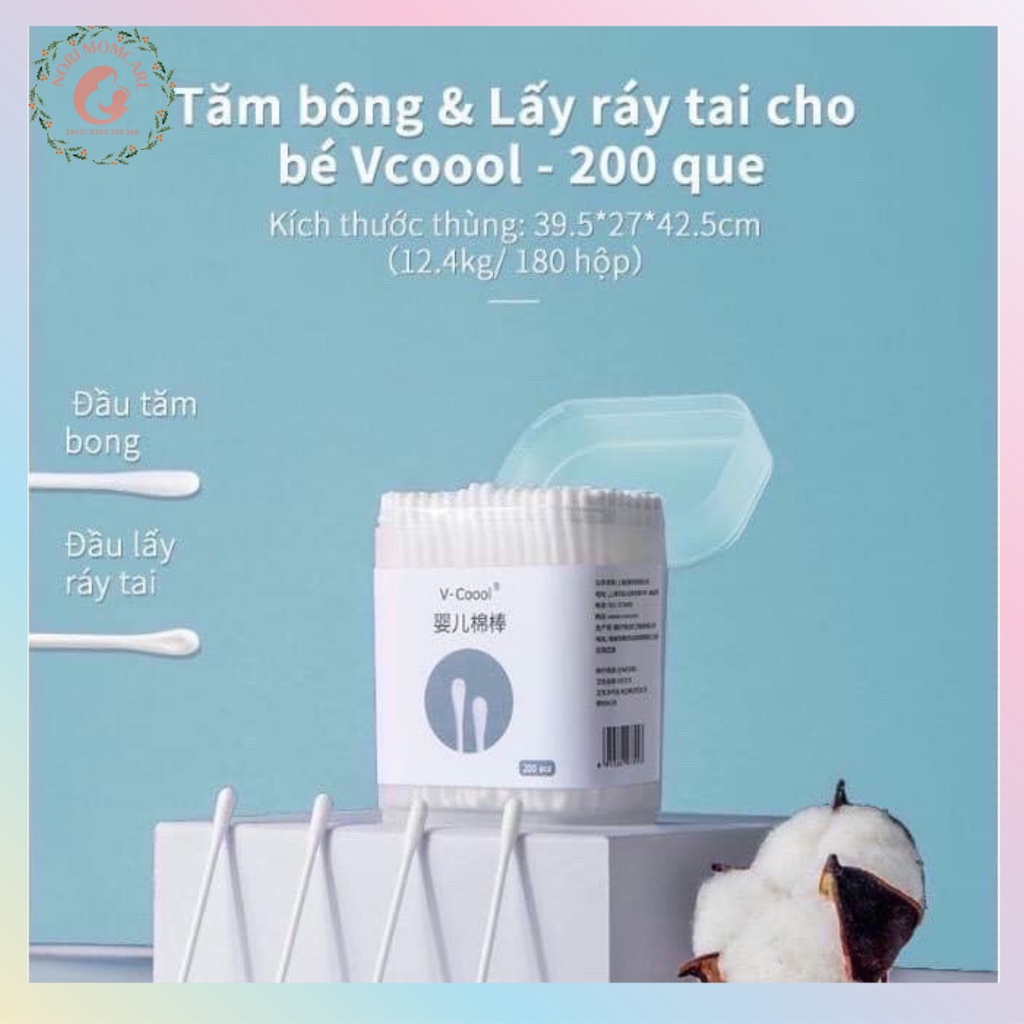 Tăm bông V-cool kháng khuẩn hộp 200 que vệ sinh cho bé