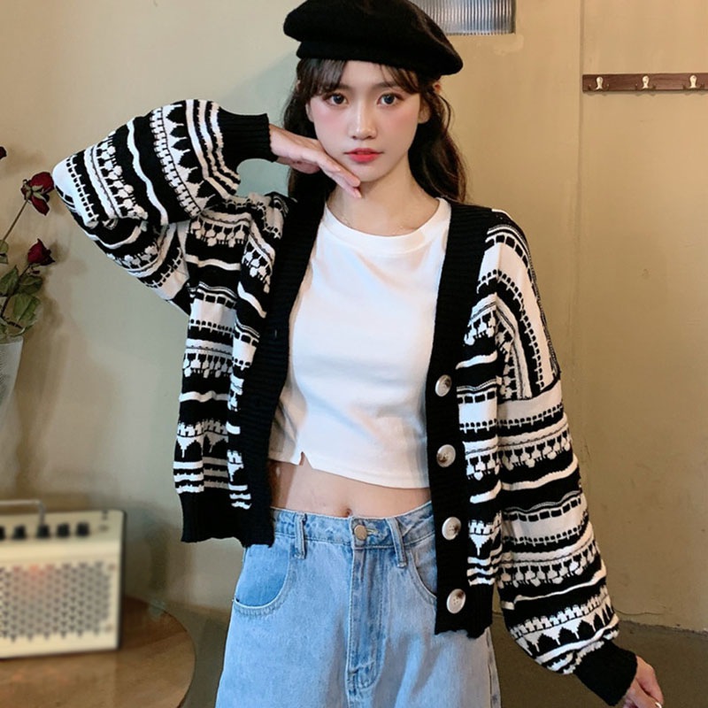 Áo Khoác Cardigan Dệt Kim Hoạ Tiết Kẻ Sọc Thiết Kế Cổ Chữ V