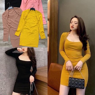 [HÀNG QC CAO CẤP] Đầm body zip cổ vuông dài tay QC
