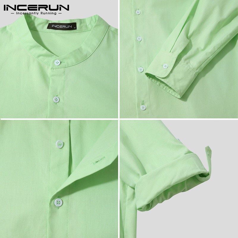 Áo sơ mi INCERUN tay dài màu trơn dáng rộng vải cotton thoải mái thời trang cho nam | BigBuy360 - bigbuy360.vn