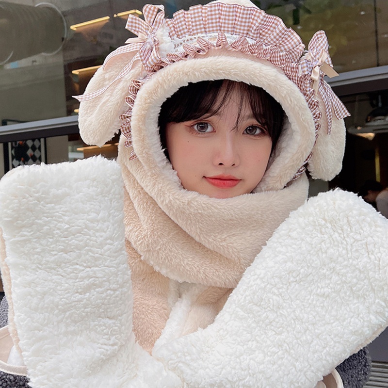 Youyo Mũ Lông Kèm Găng Tay Tai Thỏ 3 Trong 1 Dày Dặn Giữ Ấm Mùa Đông