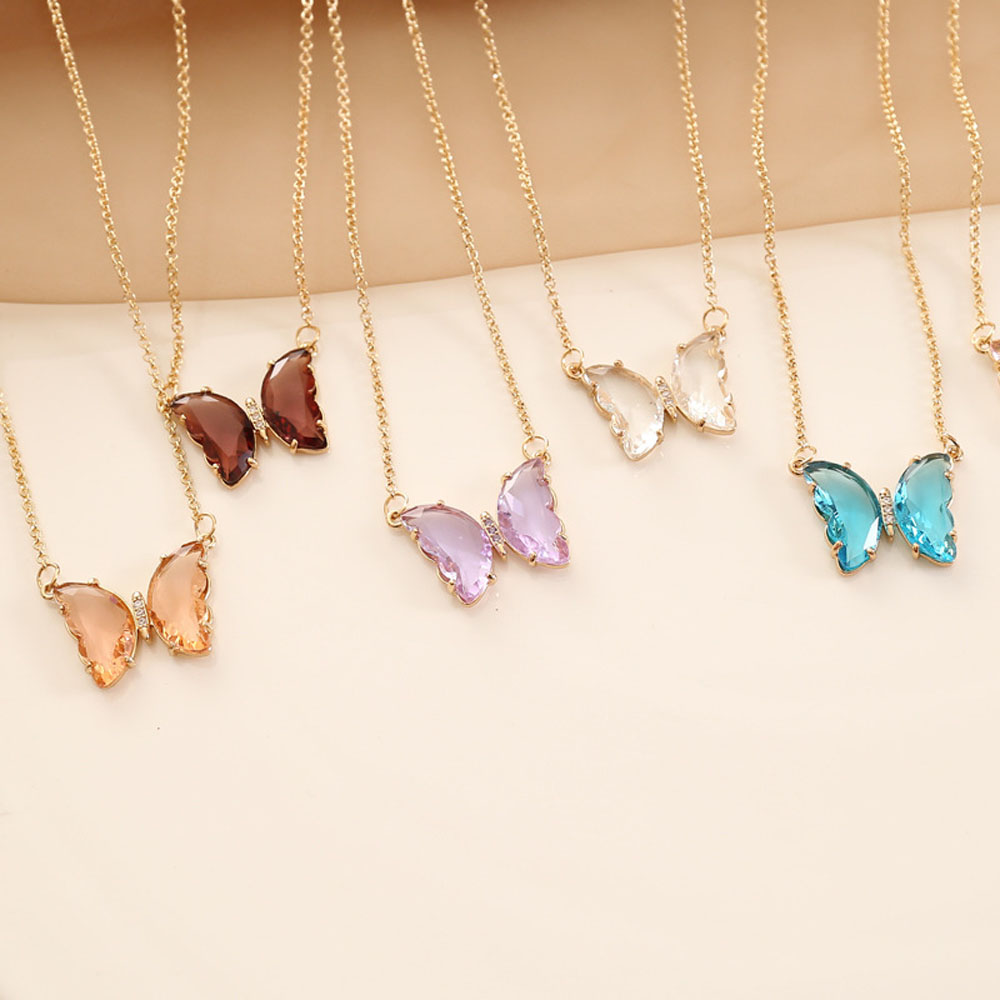 Dây chuyền mặt dây chuyền thủy tinh hình con bướm trong suốt nhiều màu sắc có chuỗi xương đòn đơn giàn cho nữ