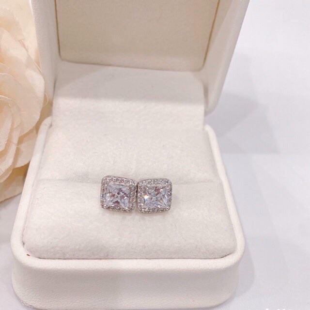 Bông tai bạc 925 nạm đá vuông xi kim cao cấp