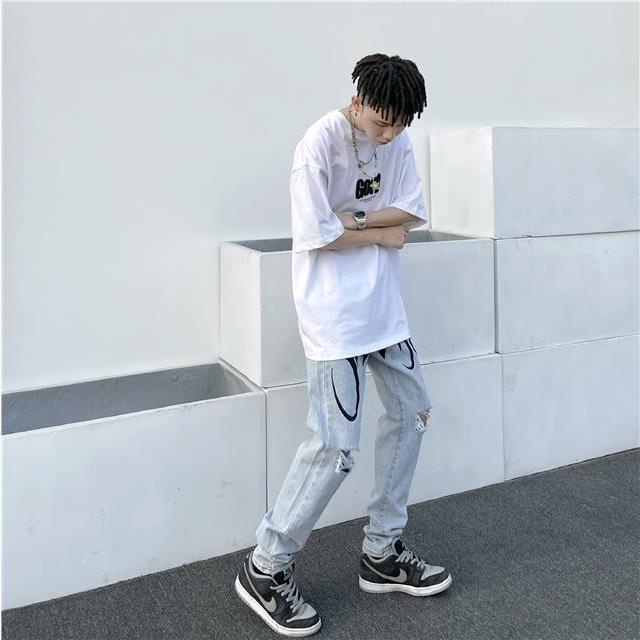 Quần Jeans Hip-Hop Đường Phố Dáng Rộng Thêu Chữ Màu Sắc Sáng Màu Nhạt Phong Cách Âu Mỹ Cho Nam