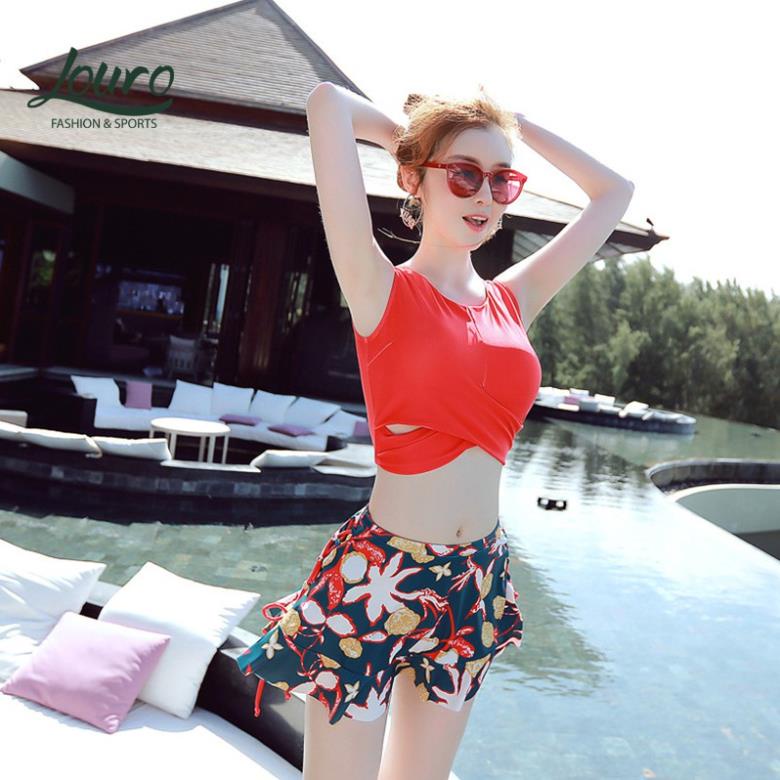 Siêu Sale Bộ đồ bơi 3 món nữ kín đáo Louro, kiểu đồ bơi 2 mảnh dạng váy thắt nơ đi biển phong cách Hàn Quốc - SW03