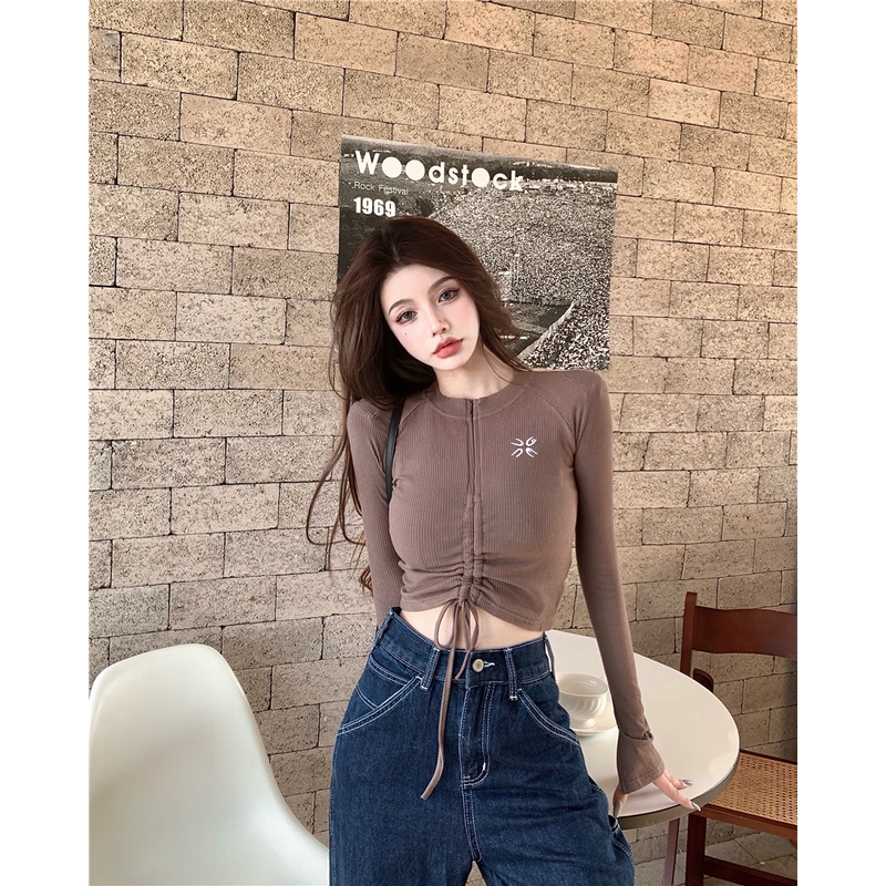 Áo dệt kim ZHELIHANGFEI tay dài lưng cao phối dây rút thời trang quyến rũ cao cấp