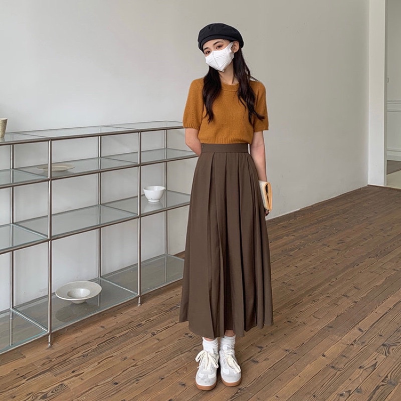 Set áo len ngắn tay và chân váy dài xếp ly Hàn Quốc - Hàng nhập khẩu