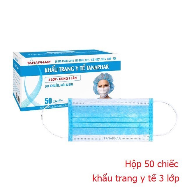 Khẩu trang y tế TANAPHAR 3, 4 lớp hộp 50 chiếc màu xanh, trắng