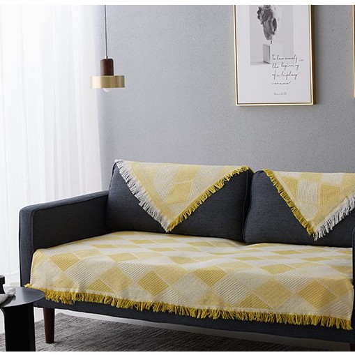(HÀNG CAO CẤP) Khăn phủ sofa Caro, Thảm dệt tua rua trang trí phong cách Bắc Âu sang trọng