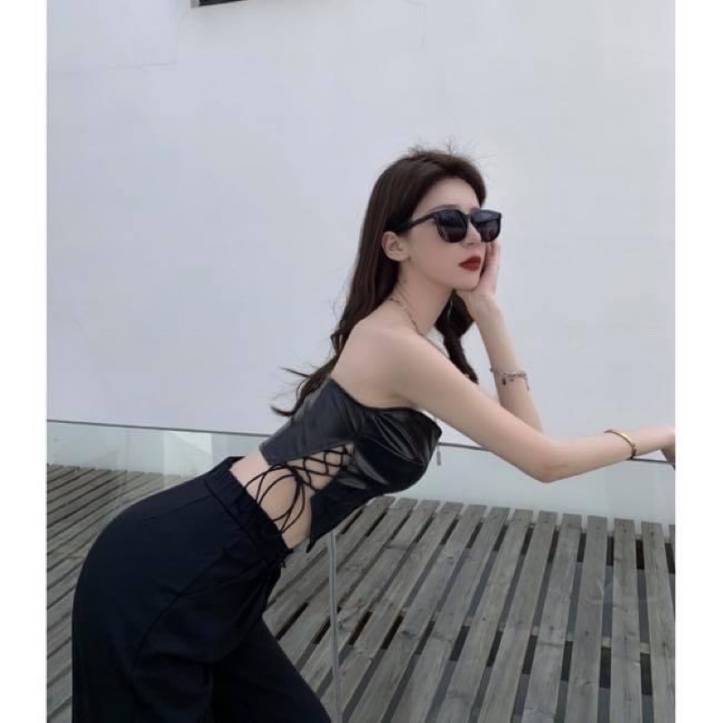 Áo ống kiểu croptop cúp ngực da pu hở lưng - Order taobao quảng châu