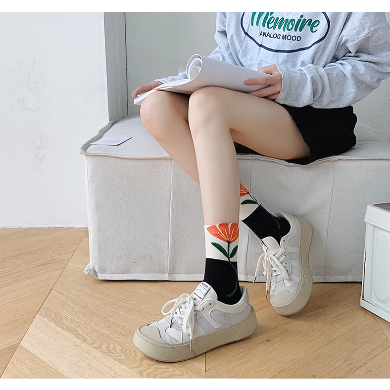 Vớ Cổ Vừa Họa Tiết Hoa Tulip Dễ Phối Đồ Thời Trang Xuân Hè Cho Nữ