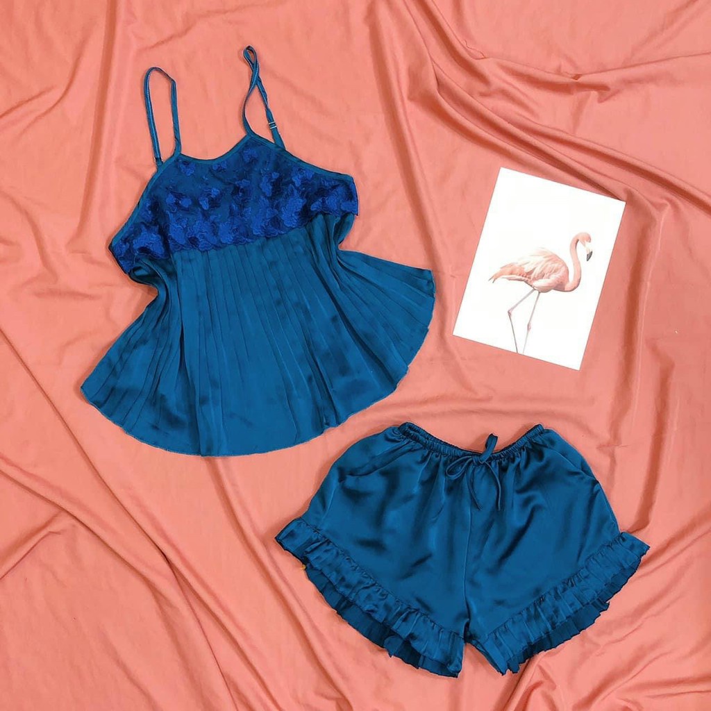 Đồ ngủ sexy / Áo yếm 2 dây dập ly phối ren, chất liệu lụa satin cao cấp, freesize dưới 65kg, kèm quần bèo gợi cảm Sexy_G | BigBuy360 - bigbuy360.vn