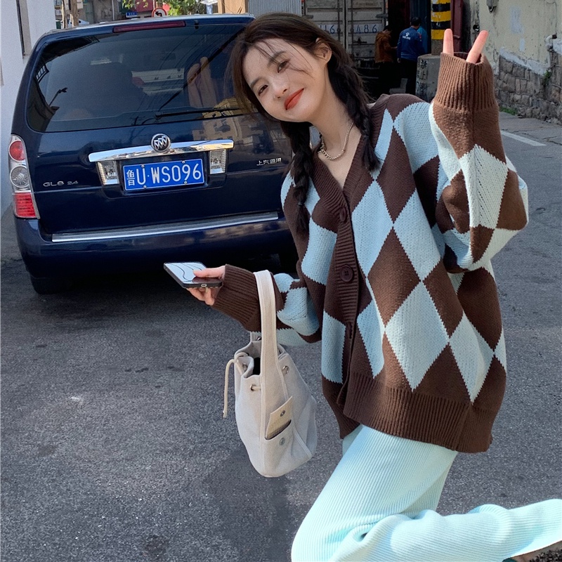 Áo Khoác Cardigan Nữ Màu Đen Trắng Cam Dệt Kim Cổ V Hình Thoi Dài Tay Vintage Chất Len Thỏ Hàn Quốc Hot Trend