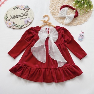 Váy Nhung Mận Phối Nơ Trắng Sang Chảnh Cho Bé Gái 4 Đến 28kg [V015]