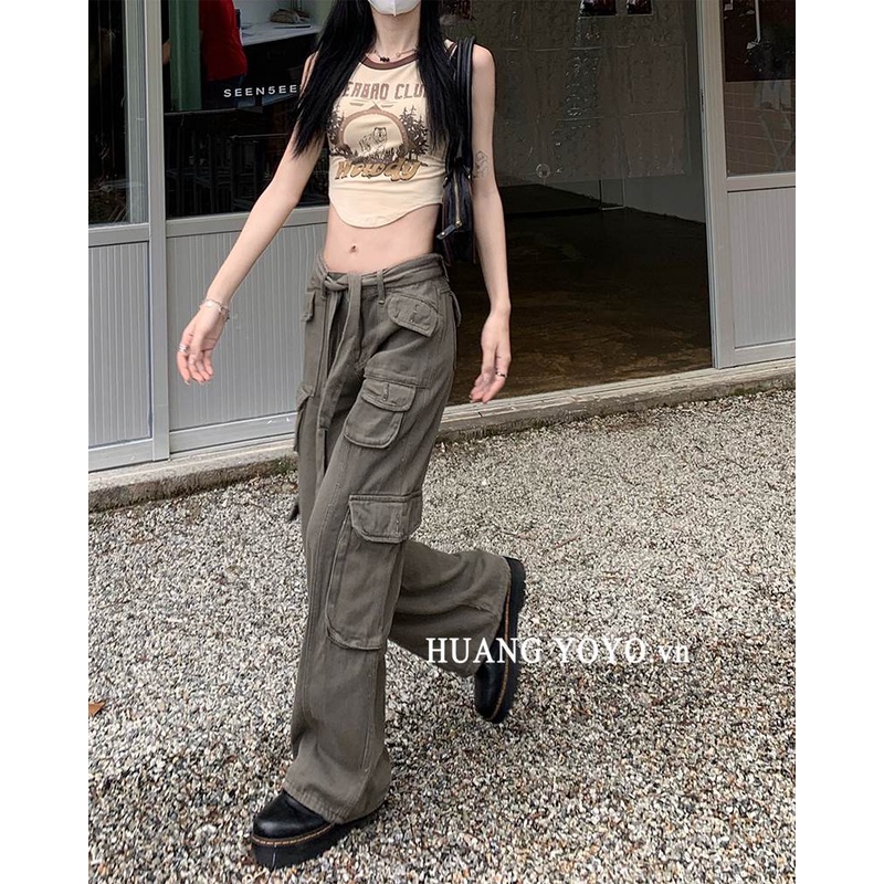 Quần Dài Lưng Cao Dáng Rộng Chất Liệu cotton Phối Nhiều Túi Thời Trang Hàn Quốc 2022 Cá Tính Cho Nữ