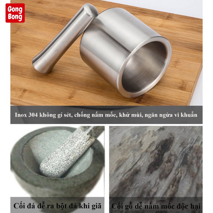 Cối chày Inox 304 cao cấp giã cua thịt các loại hạt gia vị đồ dùng tiện ích nhà bếp hàng loại 1
