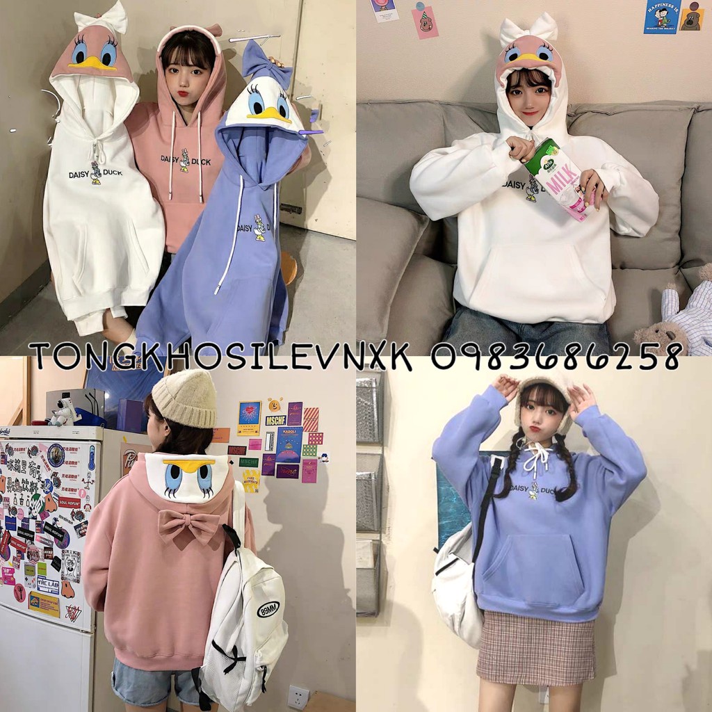 ÁO HOODIE VỊT THÊU DAISY DUCK MŨ SAU XANH HỒNG TRẮNG UNISEX