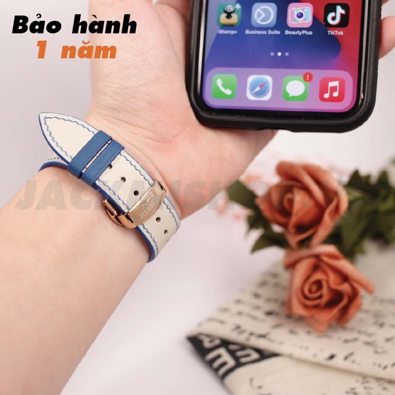 [BẢO HÀNH 1 NĂM] Dây Da BÊ SWIFT may tay thủ công màu Kem chỉ Xanh Dương khóa Bướm cho Apple Watch series 1/2/3/4/5/6/7