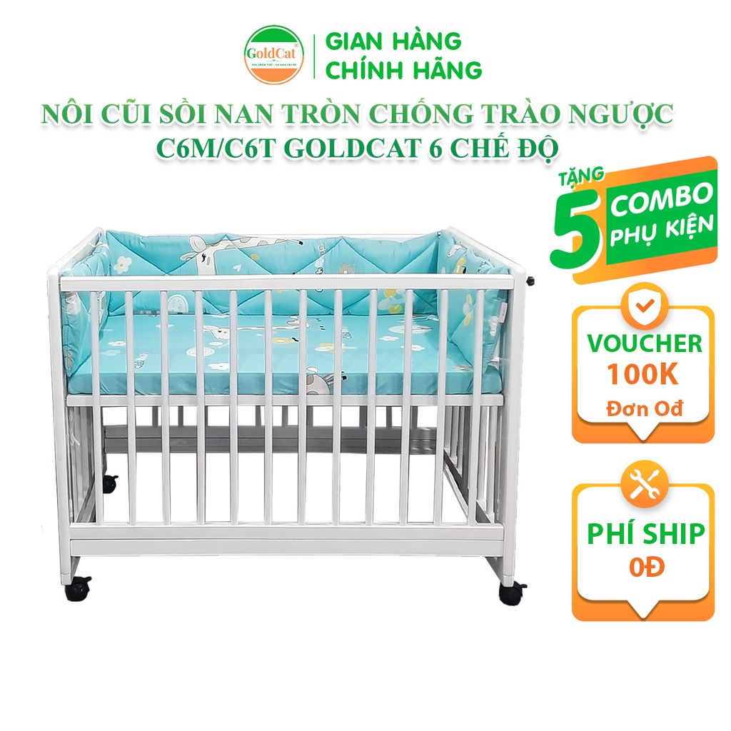 Nôi Cũi Cho Em Bé GOLDCAT, Nôi Cũi Cho Bé Đa Năng 6IN1 CS6T Chất Gỗ Sồi Nan Tròn Chống Trào Ngược