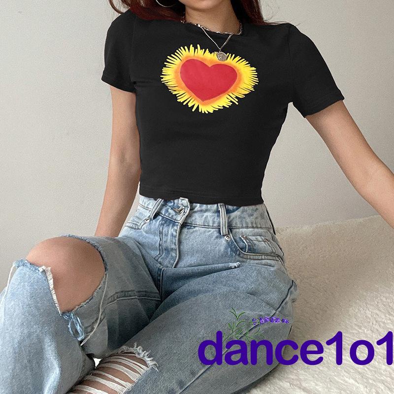 Áo thun tay ngắn cổ tròn in hình trái tim thời trang dành cho nữ