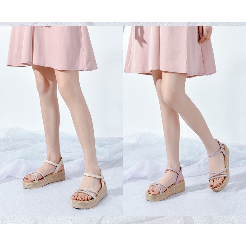 Giày sandal Dusto quai chéo phủ ánh kim, đế xuồng cao 4.5cm (size 37, 39)