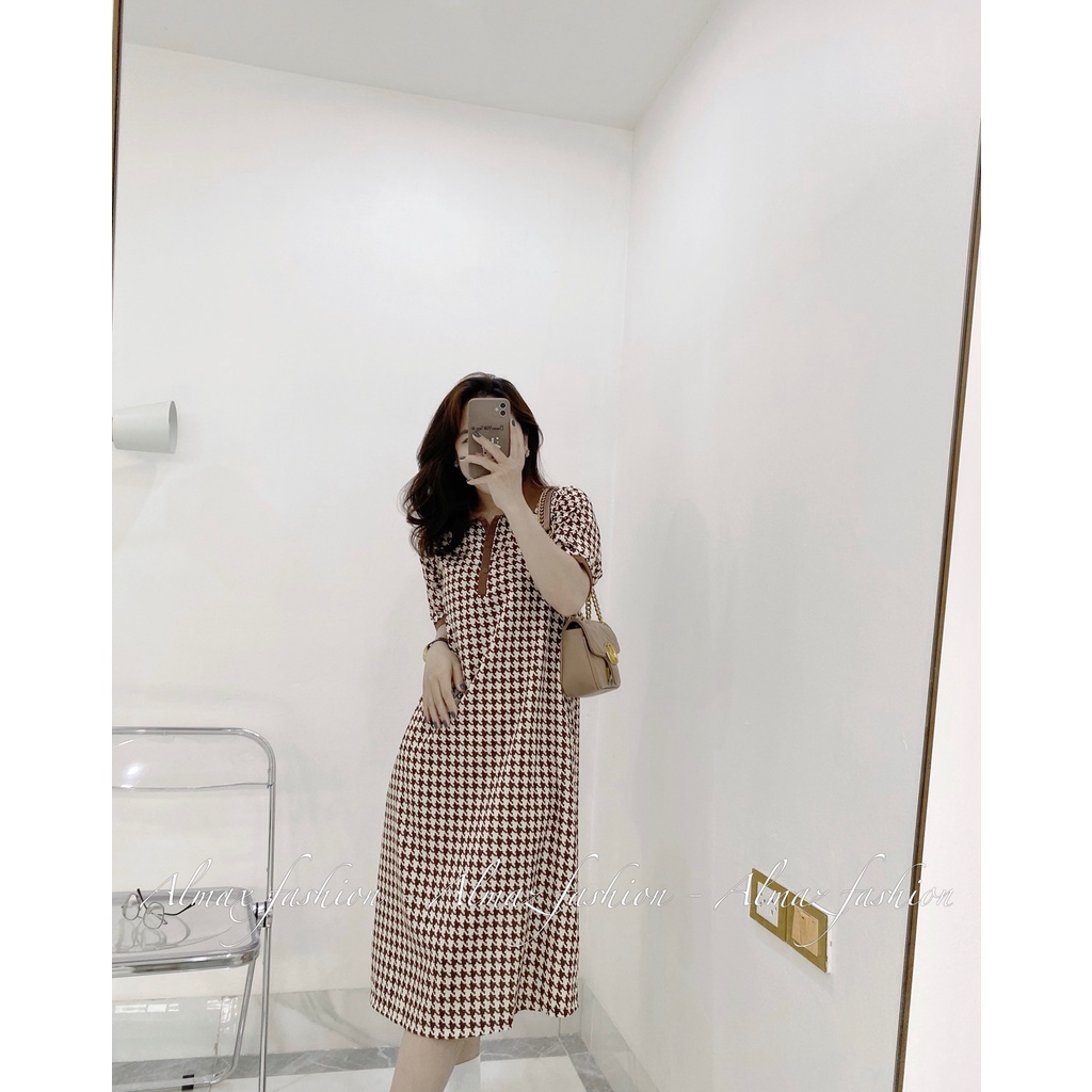 Váy suông cổ đức hoạ tiết ziczac, váy đũi lụa siêu mềm siêu mát - Almaz Fashion